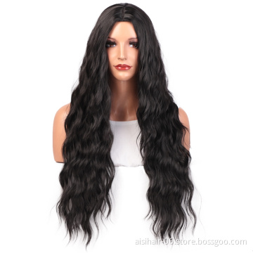 Aisi Hair Cheap Price Long Body Wave Machine Made Heat Resistant Fiber Black Middle Part For Black Women Synthetic Hair Wigs